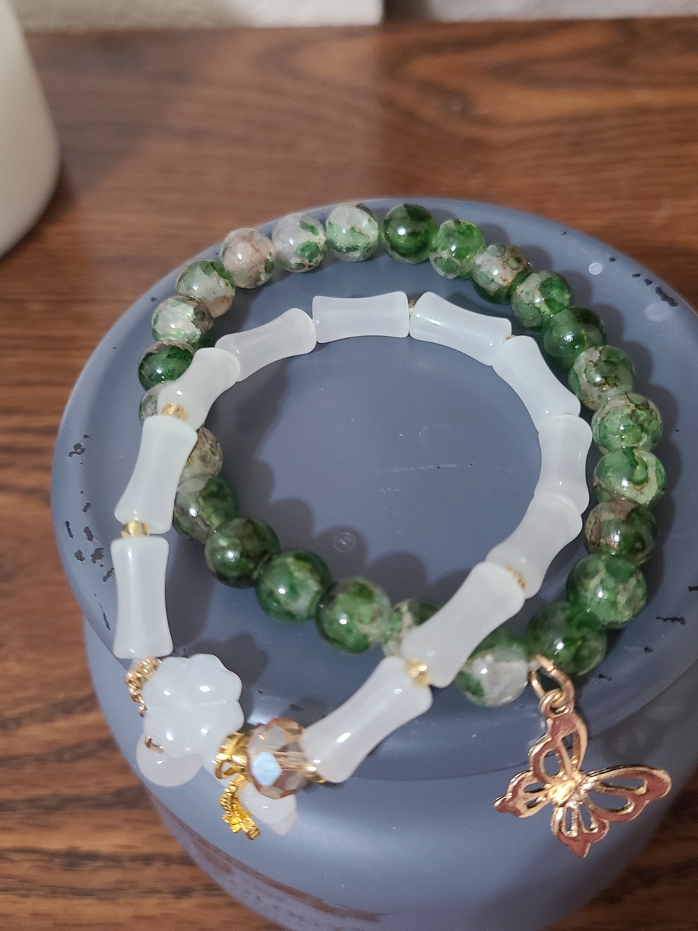 Glass Green & White Beaded Bracelet Set with Butterfly Charm